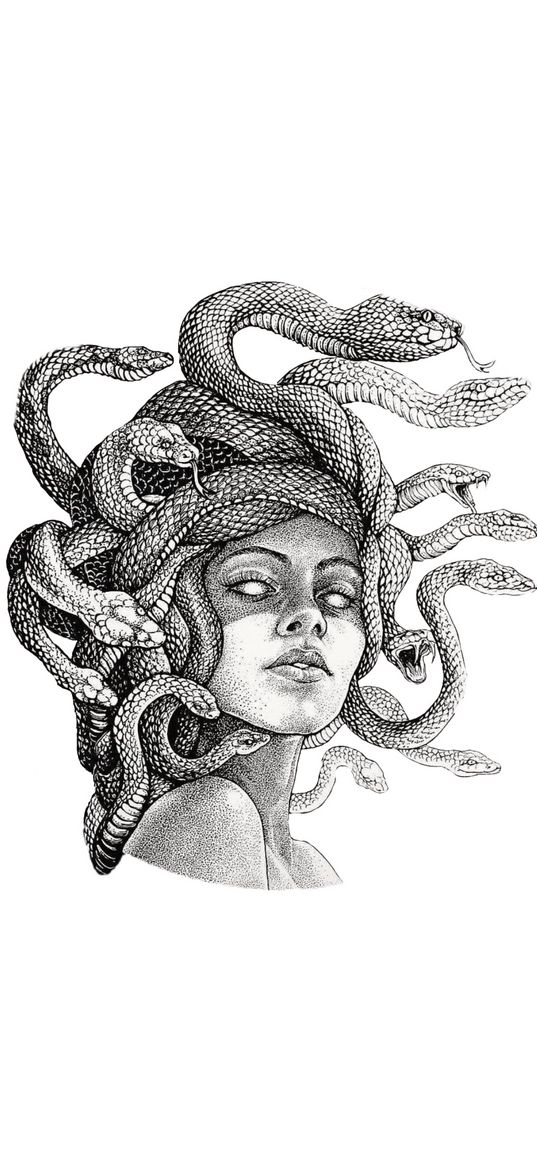 medusa gorgon, girl, snakes, portrait, black and white