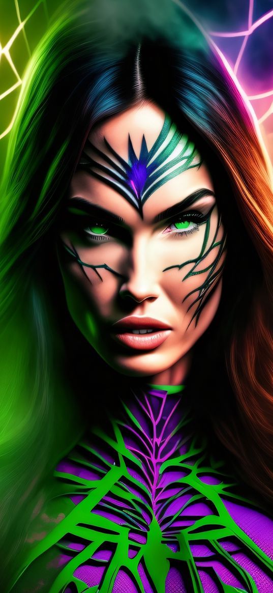 megan fox, spider girl, costume, web, green, purple