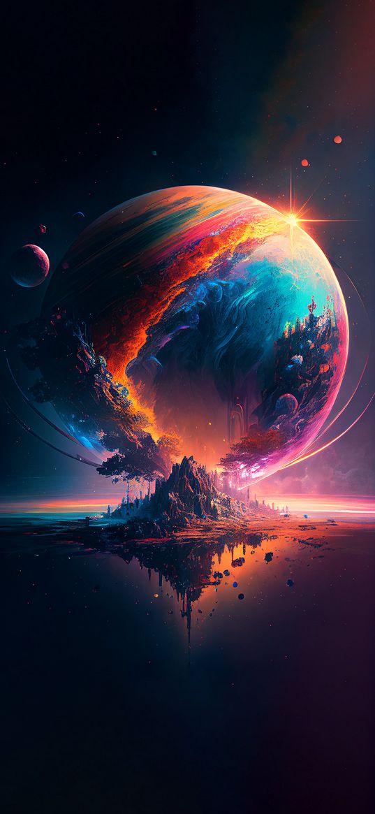 island, ocean, planets, universe, space, reflection, art