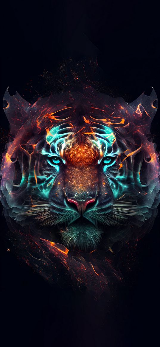 tiger, animal, space, fire, stars, sparks, art