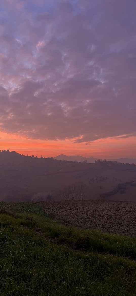 mountain, peak, fog, clouds, sky, horizon, sunset, gentle