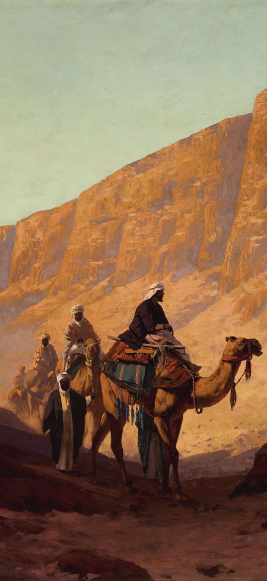 caravan, people, camels, desert, mountains, picture