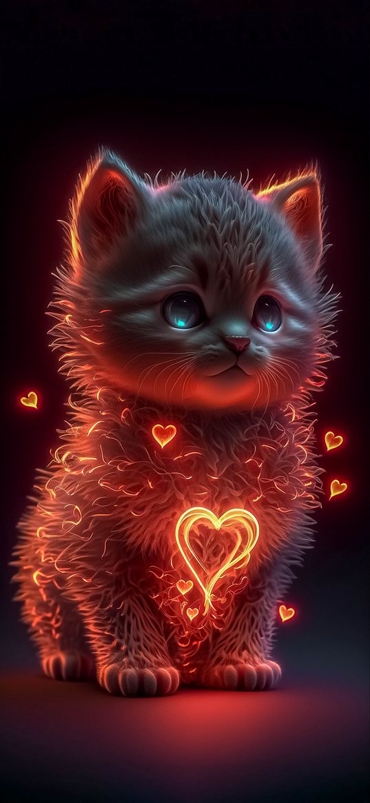 kitten, hearts, glow, neon, curls, fluffy, red