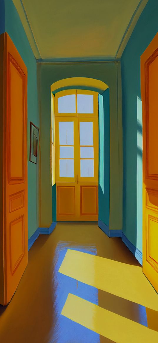 corridor, doors, window, sun rays, color, art