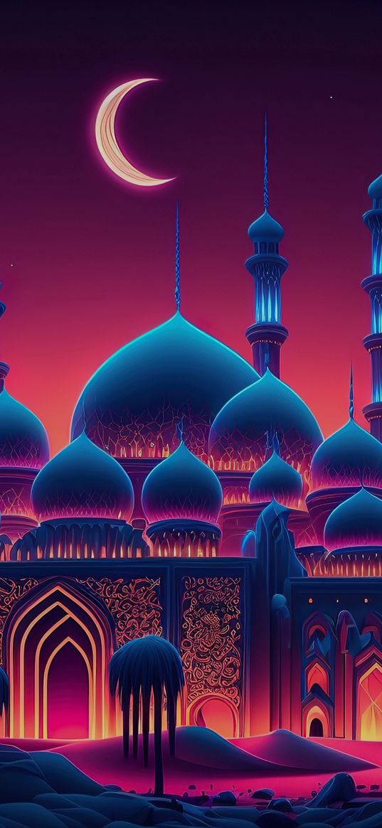 mosque, building, night, moon, glow, blue, pink, yellow