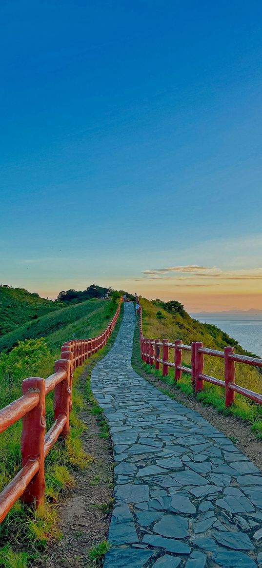 trail, fence, hill, peak, grass, landscape