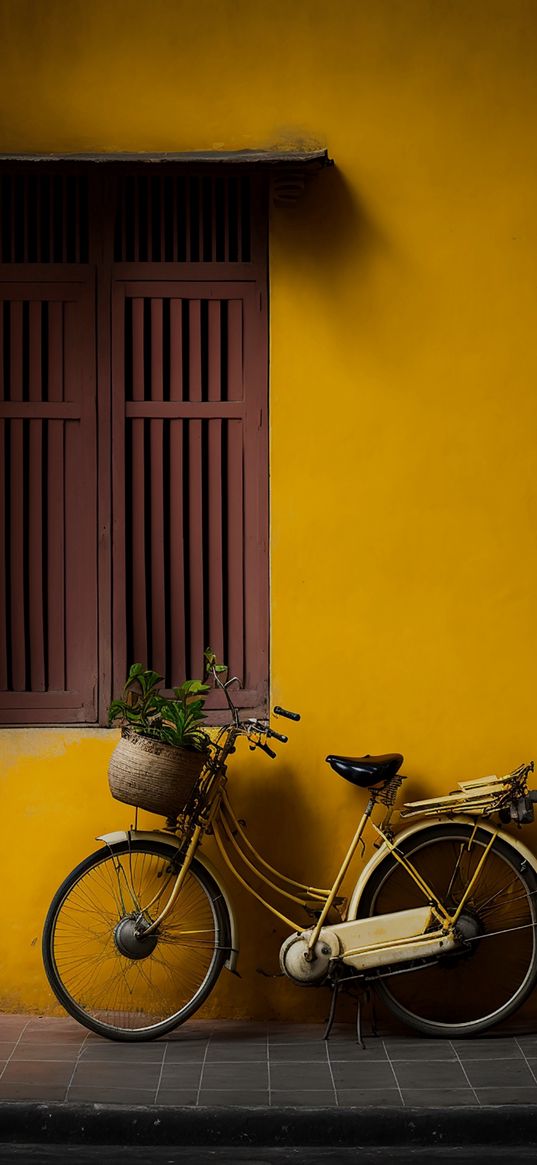 bike, house, street, basket, flower, plant, yellow