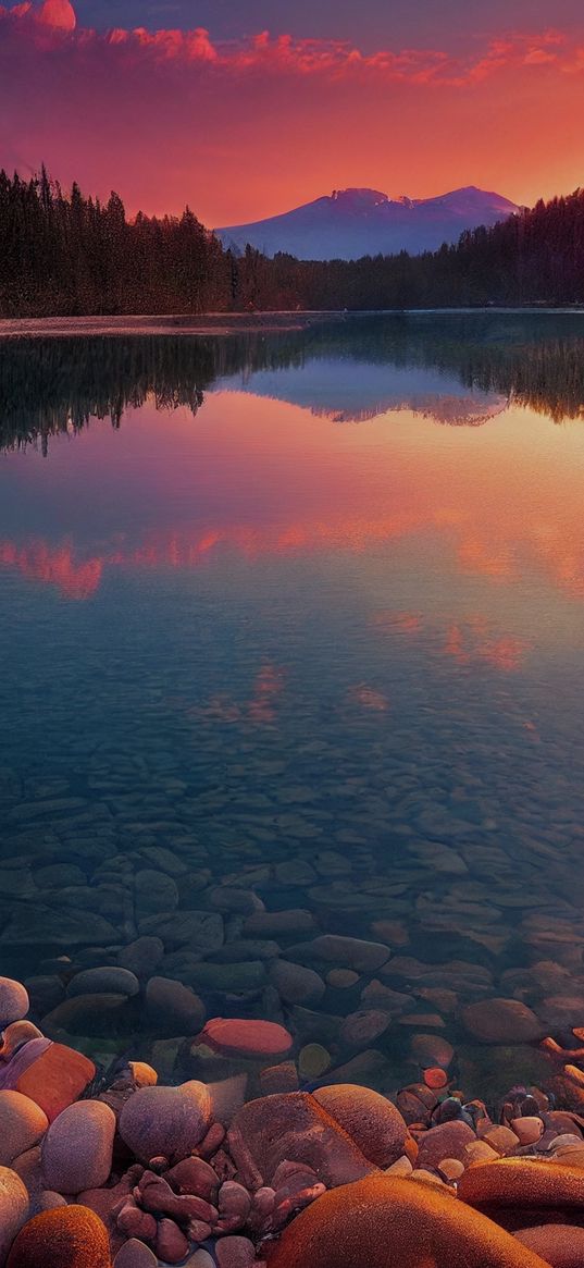 lake, shore, stones, trees, forest, nature