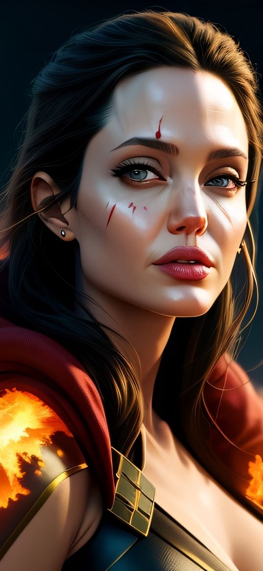 angelina jolie, fire, cloak, hood, blood, art