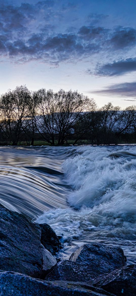 river, cascade, stones, trees, evening, landscape