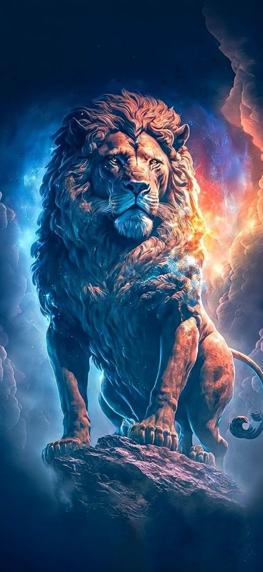 lion, animal, predator, king of beasts, rock, clouds