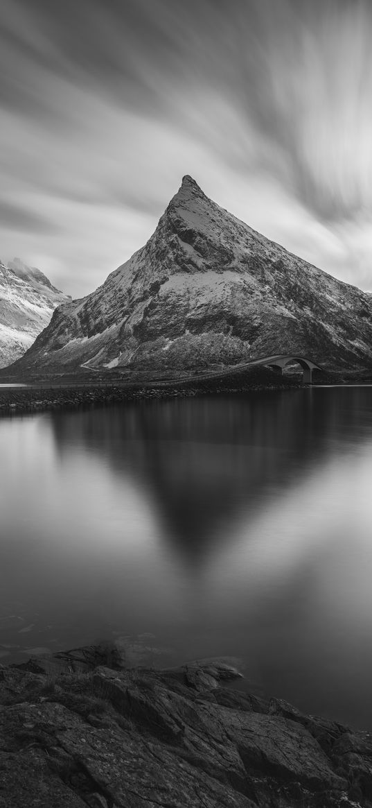 mountain, peak, lake, black and white, nature