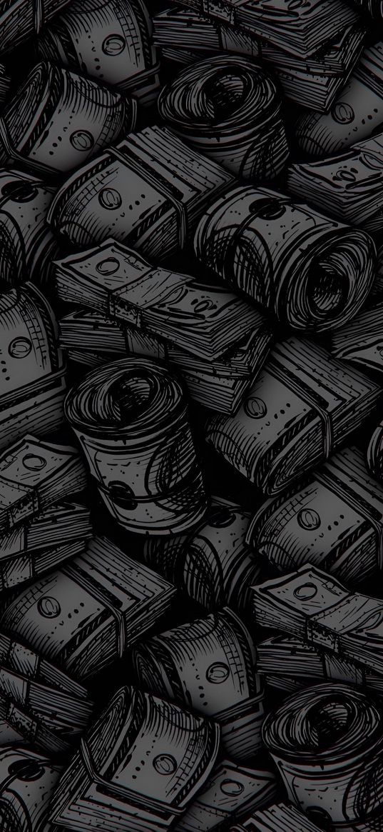 money, bills, bundles, black and white, art