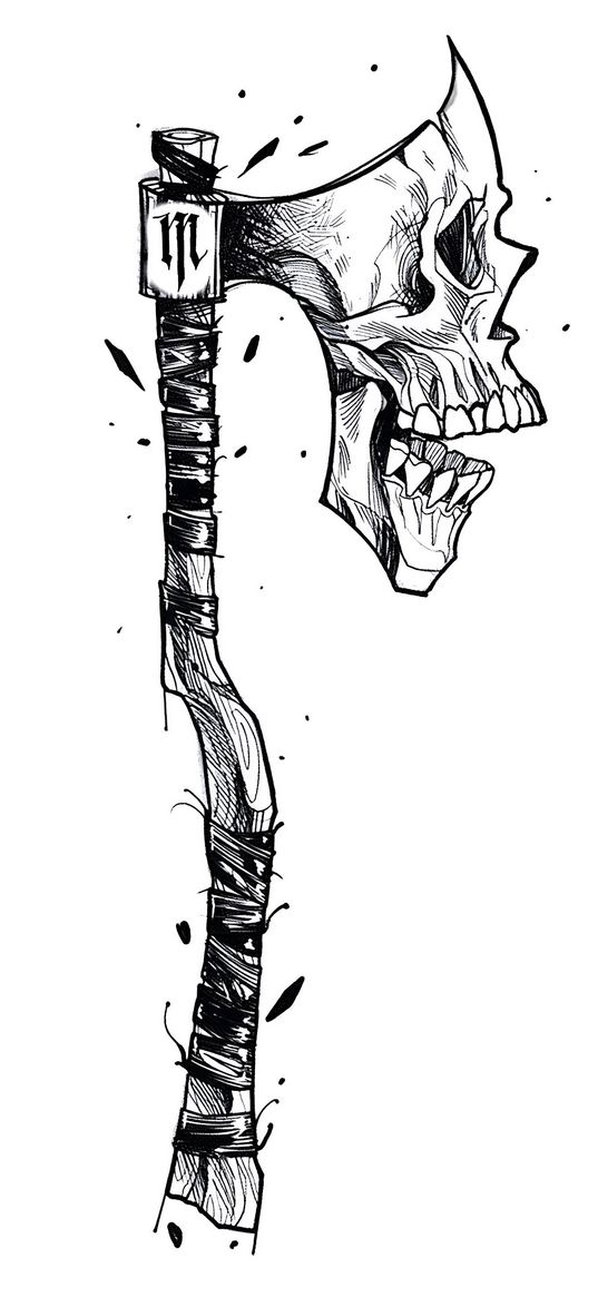 axe, skull, tool, art, contour, black, white