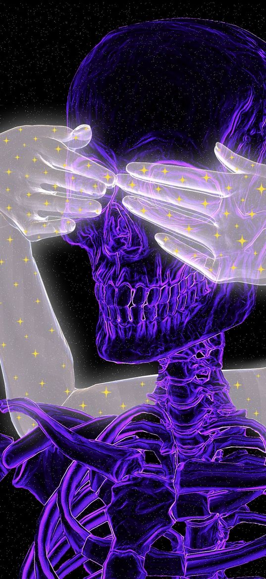 skeleton, neon, purple, hands, white, stars