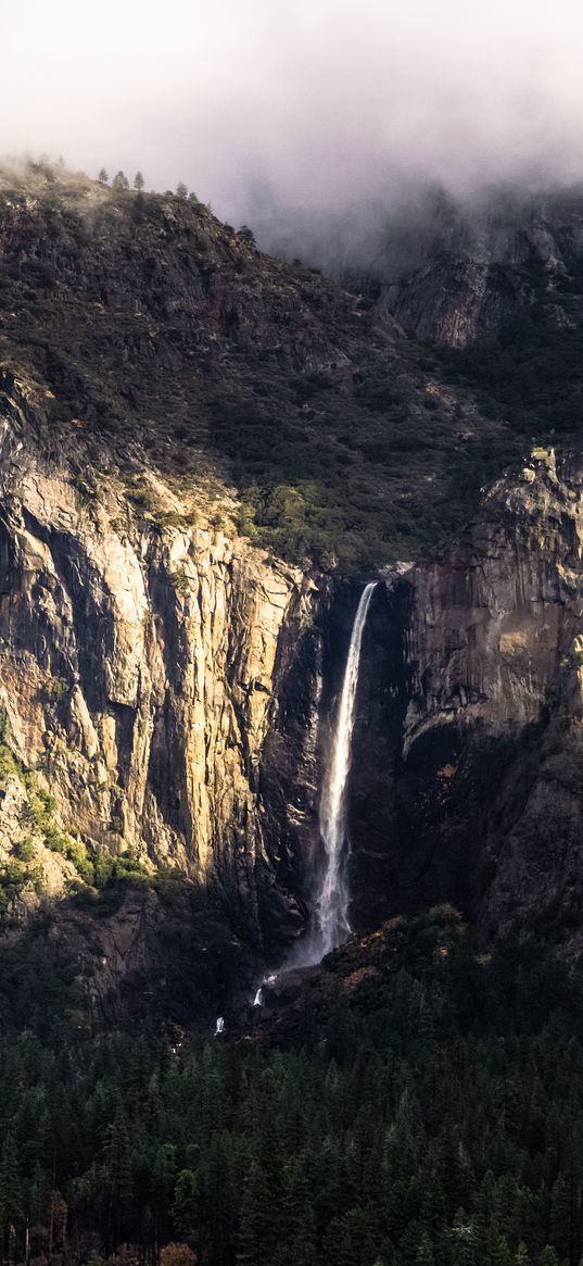 mountain, rock, cliff, waterfall, trees, landscape