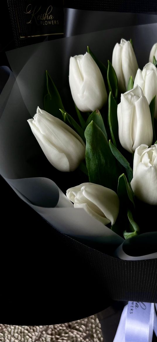 flowers, tulips, white, paper, black