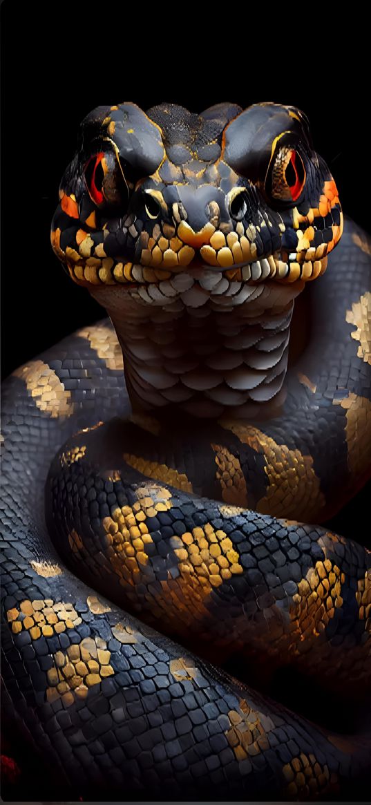 snake, black, yellow, eyes, digital art