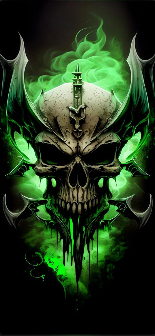 skull, wings, smoke, green, art