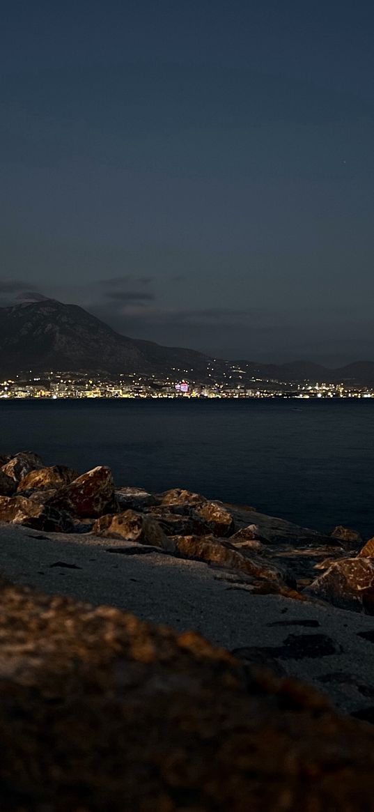 nature, city, sea, night sky