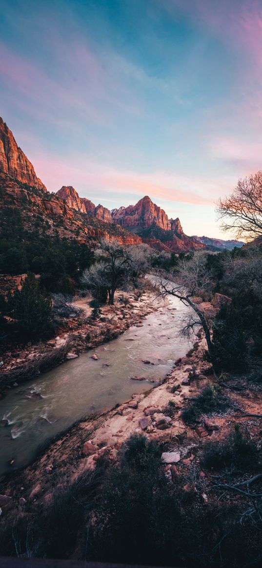 nature, river, sunset, mountains