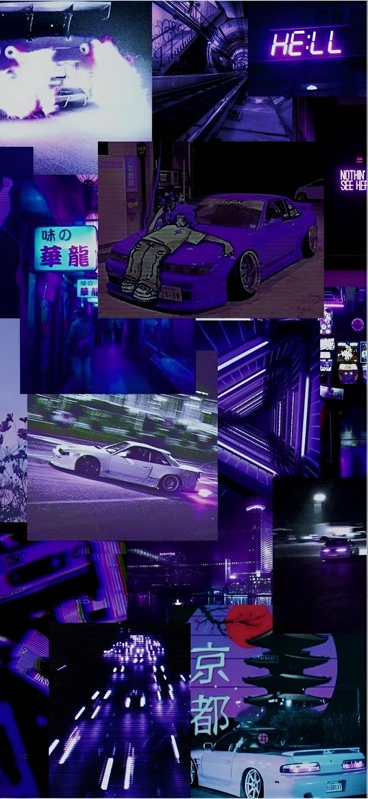 car, purple, collage