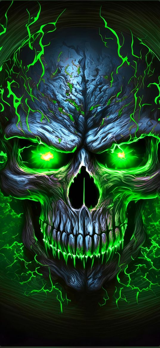 skeleton, eyes, teeth, green light