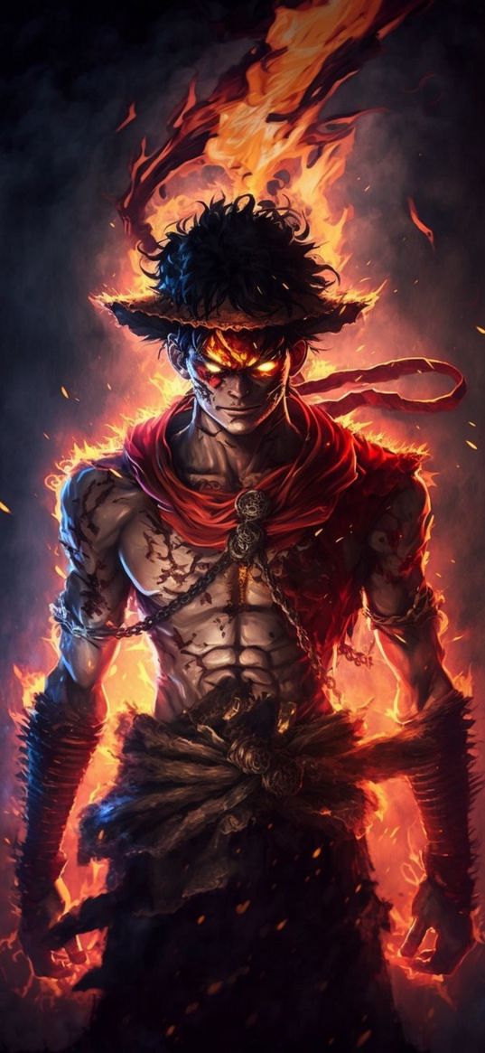 anime, luffy, fire, one piece, character, man