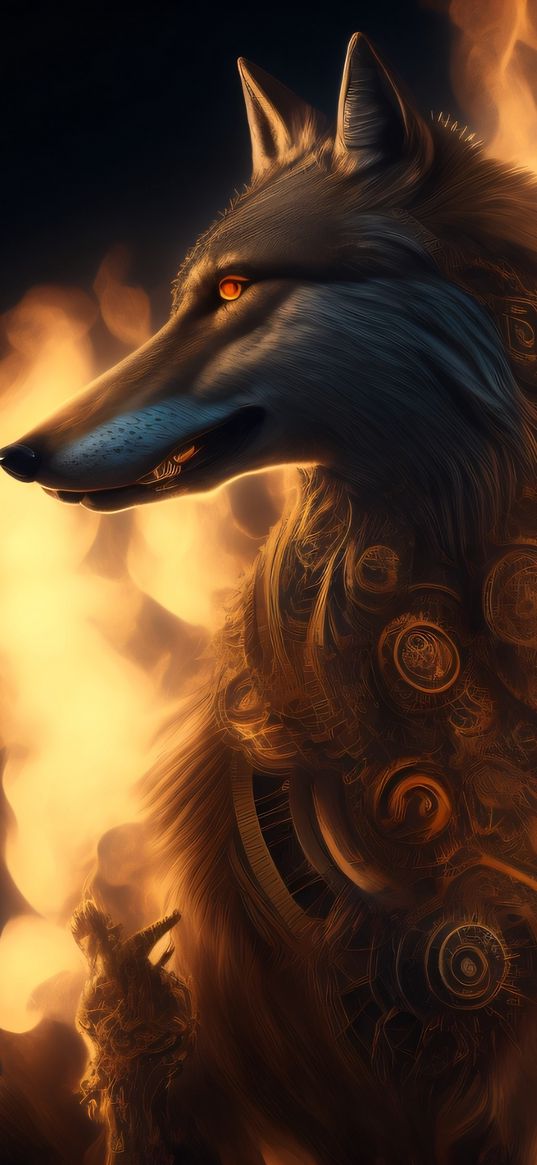 wolf, smoke, glowing, art, fire