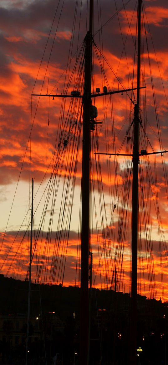 masts, silhouettes, trees, sky, evening