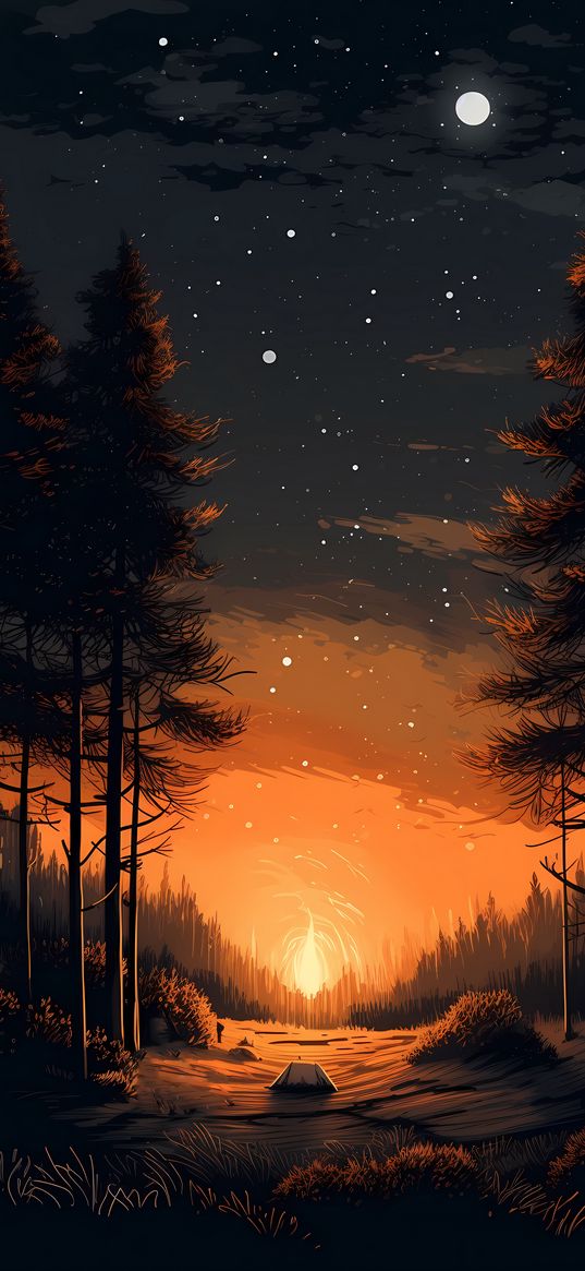 forest, trees, tent, glow, night, moon, art