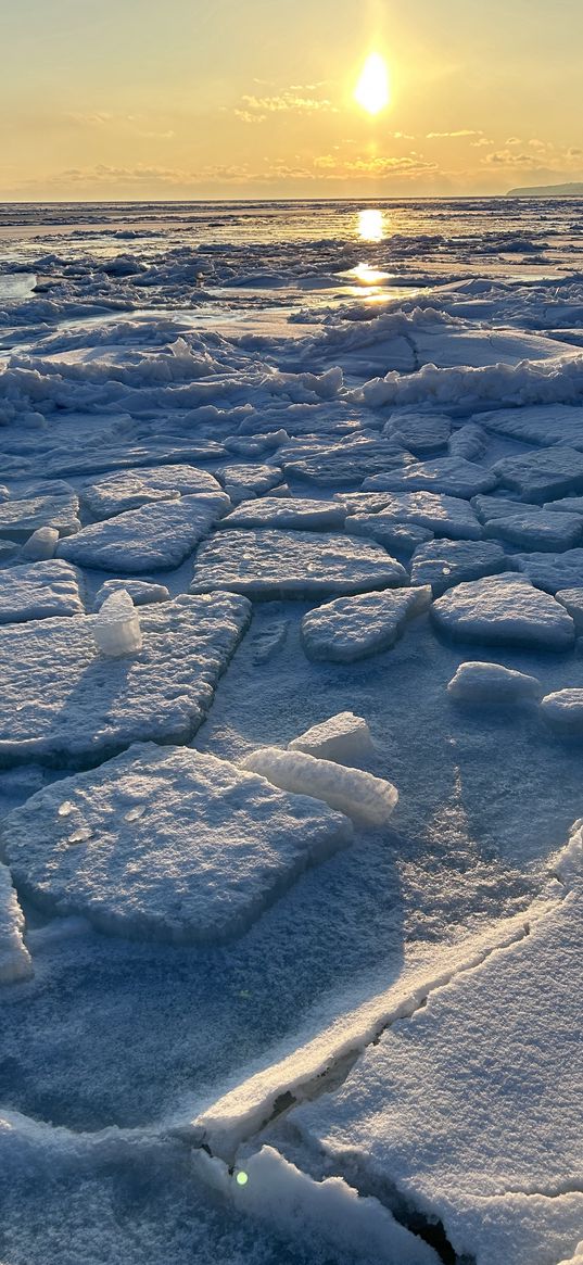 ice, snow, sea, sun, sunset, sky, winter, nature