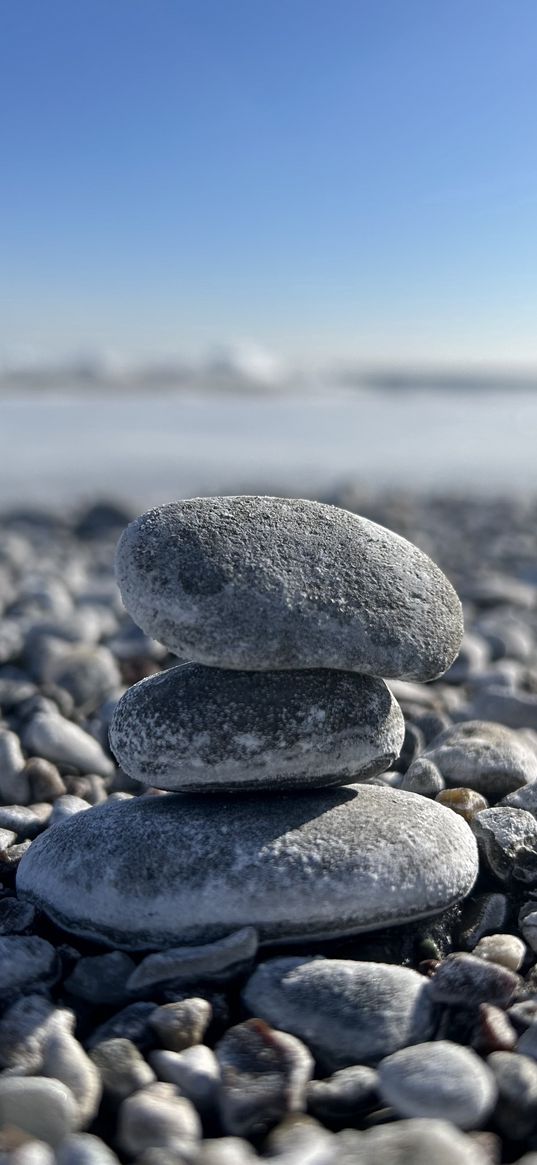 stones, balance, beach, sea, blue sky, nature