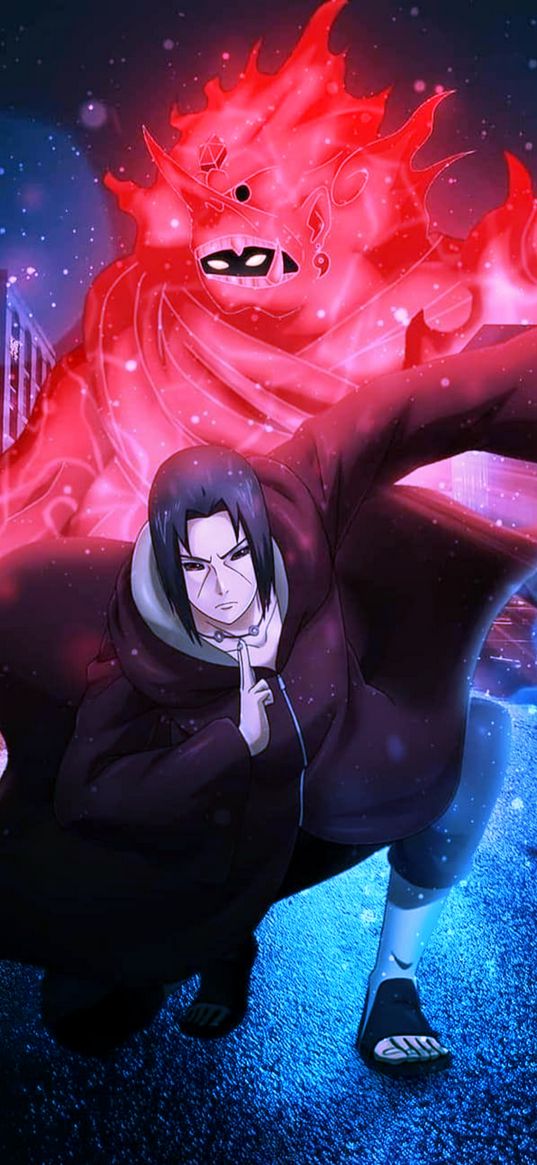 itachi, susanoo, naruto, anime, guy, ninja, spirit, street, city, night, art