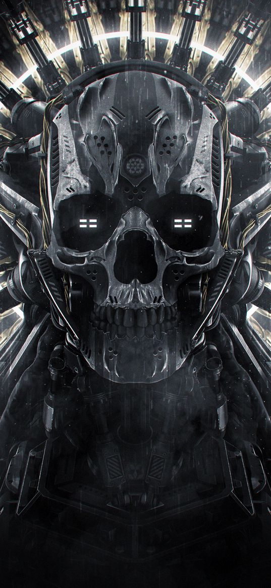 skull, skeleton, robot, cyborg, halo, light, mechanisms, fiction, art