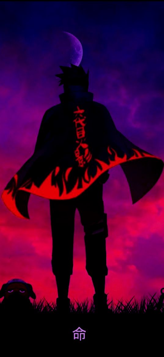 naruto, anime, guy, cape, moon, sunset, purple, art