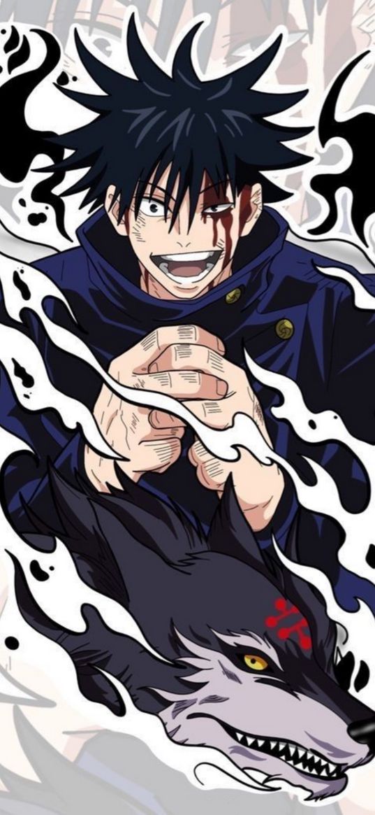 megumi fushiguro, jujutsu kaisen, anime, guy, wolf, smoke, mad, laughter, art