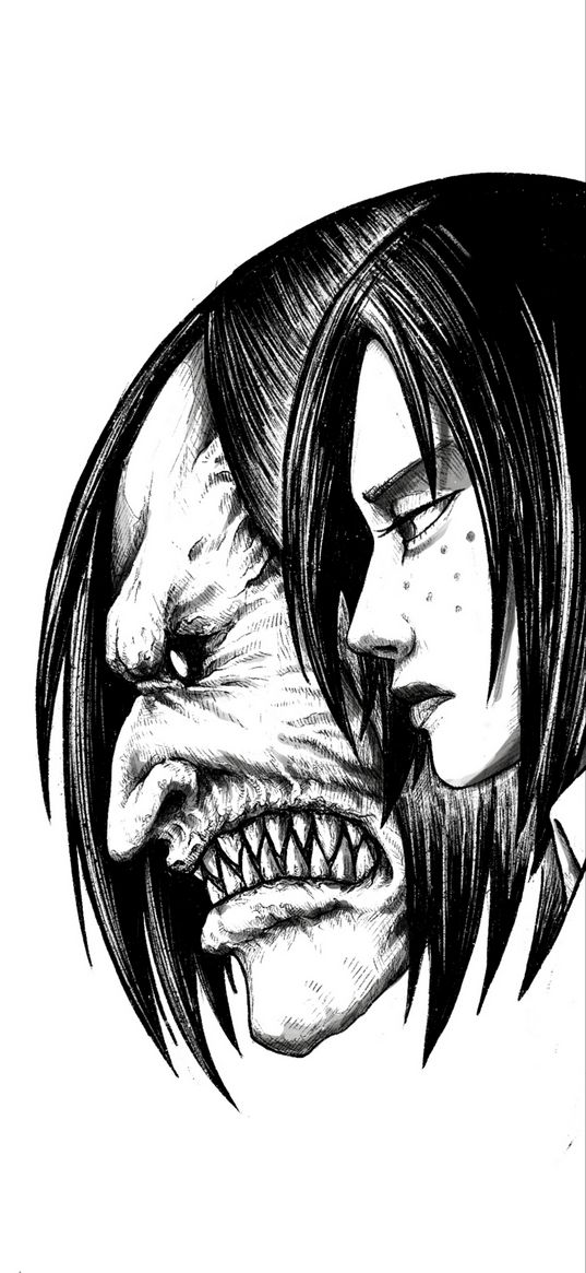 ymir, attack on titan, anime, girl, titan, monster, face, black and white, art