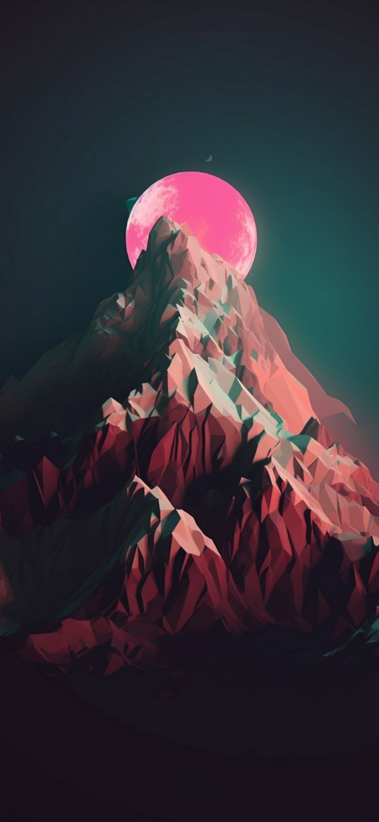 mountain, moon, red