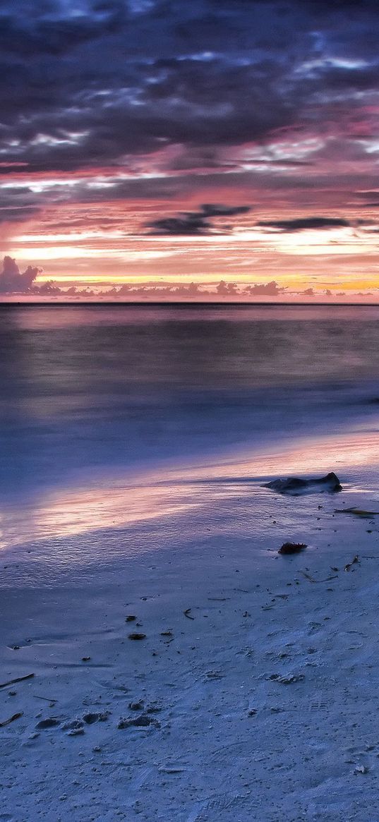 evening, clouds, sea, coast, twilight, decline