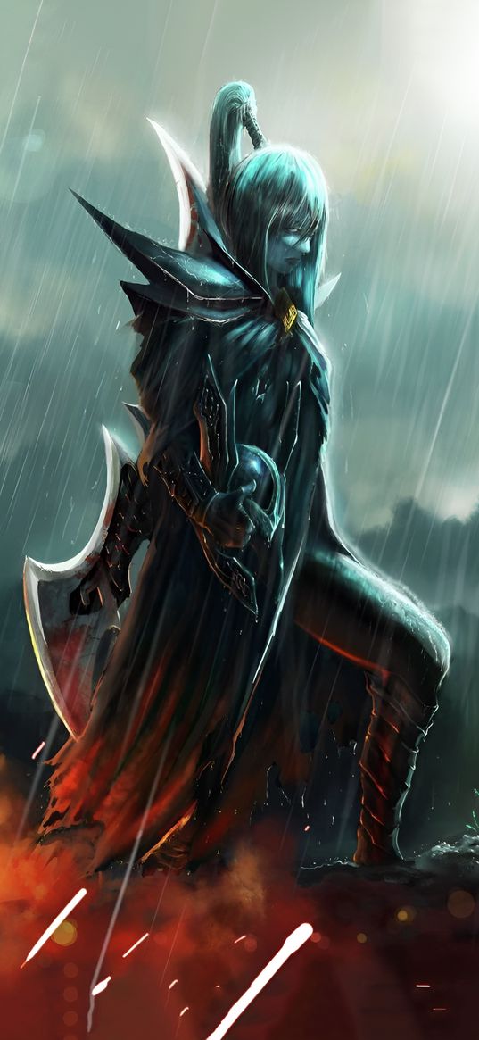 phantom assassin, mortred, dota 2, game, character, rain, sadness