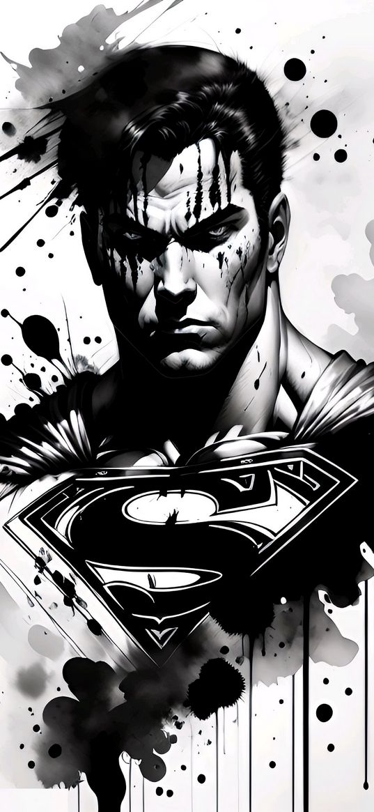 superman, art, paint, black and white, superhero