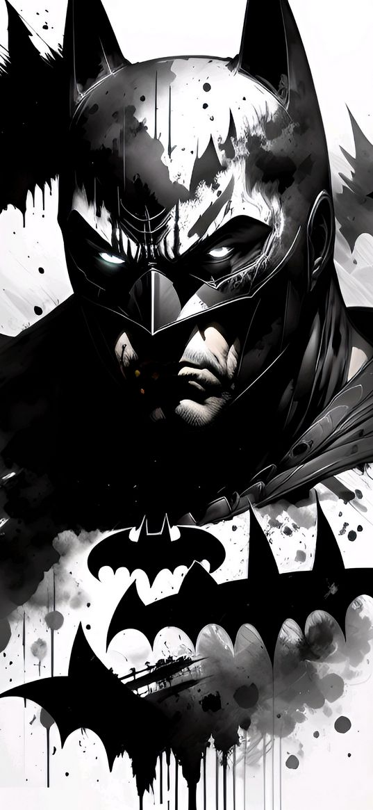 batman, black and white, paint, spots, art, a superhero