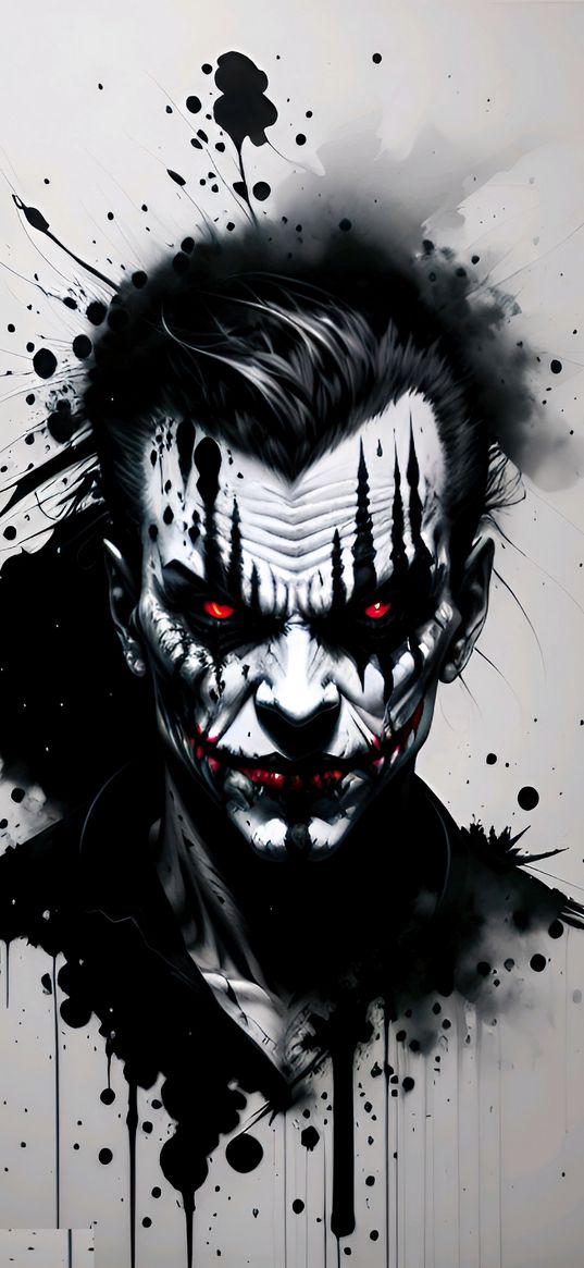 joker, black and white, paint, spots, art, red eyes