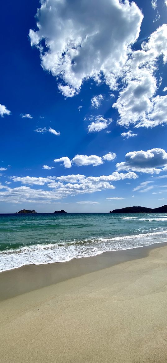 beach, sand, mountains, sea, sky, clouds