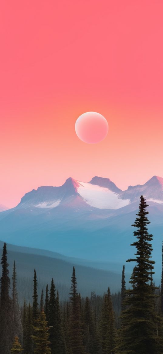 forest, fir trees, trees, mountains, sun, sunset, art