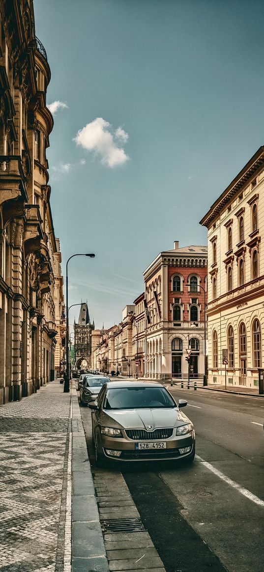 road, cars, buildings, street, sky, city