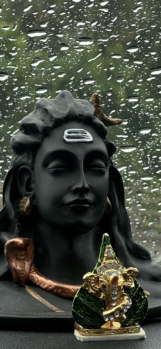 shiva, ganesha, deity, hinduism, figurines, glass, rain