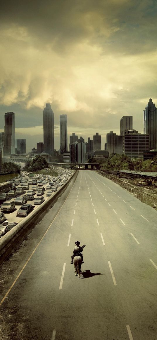 the walking dead, tv series, poster, city, rick grimes, horse