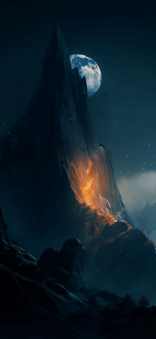 mountain, moon, night, lava, art